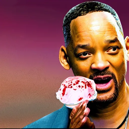 Image similar to digital art, an apocalyptic world where will smith is sitting watching the disaster while eating a strawberry ice cream