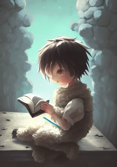 Image similar to beautiful little boy wearing sheep suit reading a book while sitting on chair, gray, blue, green and brown pallet color. made in abyss art style, inspired in kris from deltarrune, cute detailed artwork, anatomically correct, soft details, ilya kuvshinov, reflection, perfect composition, mobile wallpaper, illumination