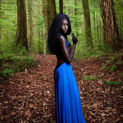 Image similar to cloaked ebony maiden with blue eyes and a beautiful model face in a dark and creepy forest