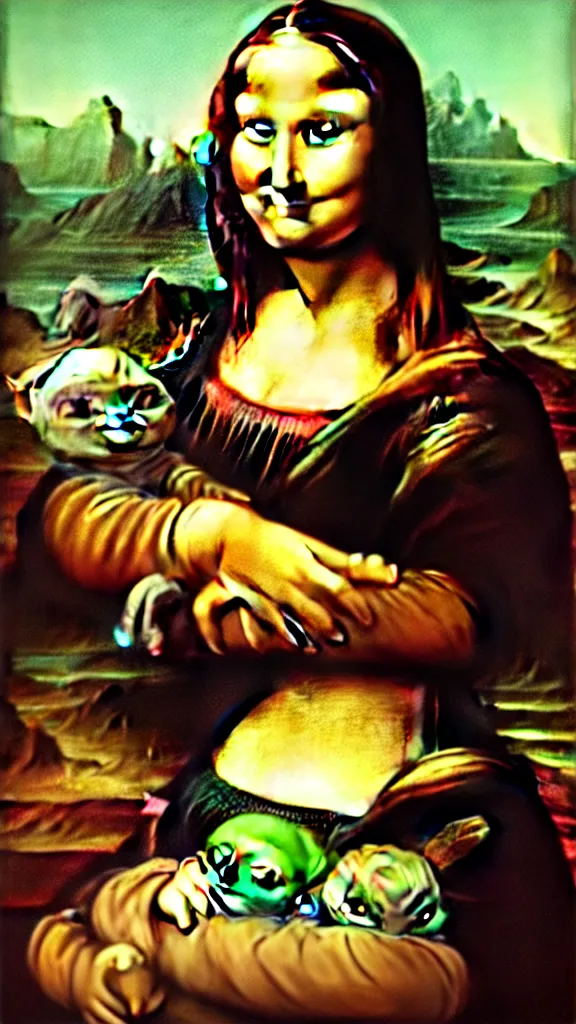 Image similar to the Mona Lisa holding Baby Yoda, painting in the style of the Mona Lisa