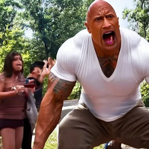 Prompt: dwayne johnson shocked at dropping his ice cream cone on the ground, wide shot