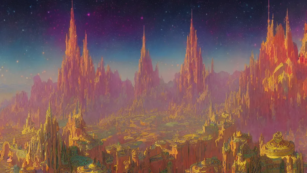 Prompt: a beautiful highly detailed matte painting of colorful castle nebulas by moebius, alphonse mucha, subject in view, highly detailed, intricate design, 8 k resolution, octane render, trending on artstation and cgsociety