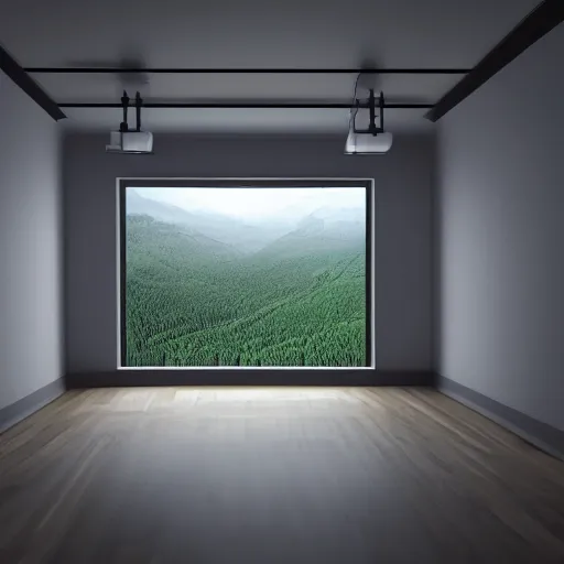 Prompt: a landscape in aerial view inside an empty room, hyper realistic, atmospheric lighting, unreal engine, 8 k