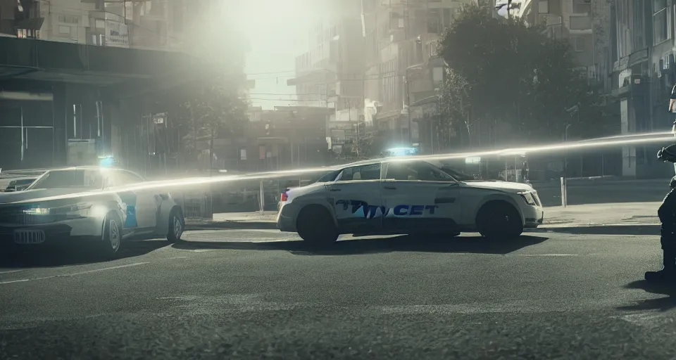 Image similar to octane render, unreal engine, man getting arrested by police, police car in background with bright police sirens, lens glare, dramatic lighting, cinematic, establishing shot, extremely high detail, photo - realistic, cinematic lighting