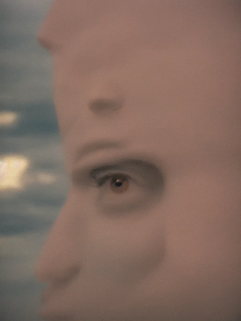 Prompt: a face portrait of artificial intelligence with the edge of the world in the background, kodachrome, grain, analog