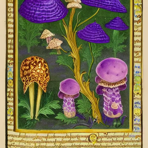 Image similar to illuminated manuscript of purple mushrooms with gold leaf in the style of Maria Sibylla Merian, extremely detailed, 8k