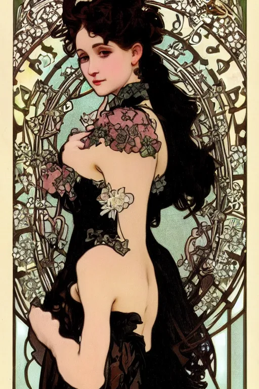 Prompt: A close-up portrait of a cute goth girl wearing a frilly black dress by Alphonse Mucha, art nouveau card, wlop, trending on artstation, 8k