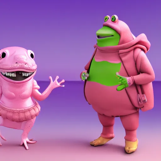 Image similar to a happy sappy seal dressed in a pink dress standing next to a frog warrior with hoodie on, hyperrealistic, extremely detailed, 8 k, octane render, trending artstation