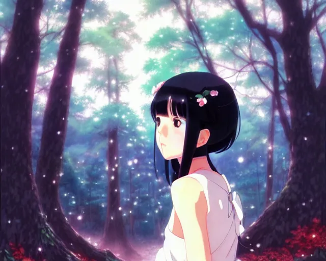 Image similar to beautiful anime girl with black hair and bangs, fine details portrait, forest background, bokeh. anime masterpiece by Studio Ghibli. illustration, sharp high-quality anime illustration in style of Ghibli, Ilya Kuvshinov, Artgerm