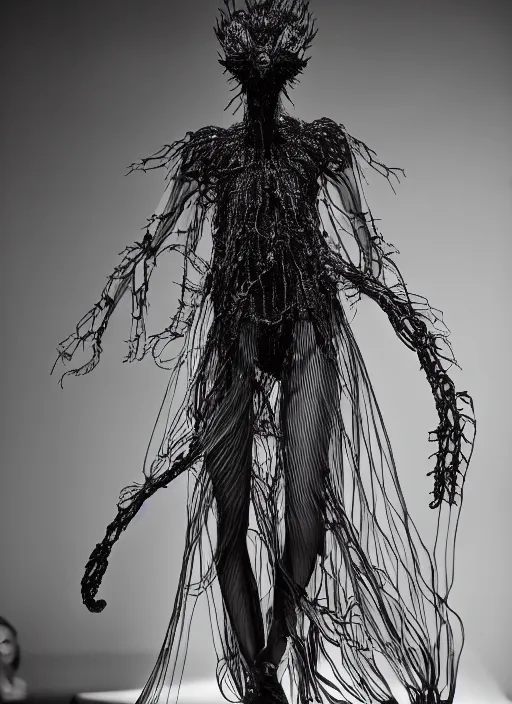 Prompt: walking down the catwalk, ben watts, show, stage, vogue photo, podium, fashion show photo, historical baroque dress dark, iris van herpen, beautiful woman, masterpiece, intricate, biopunk, vogue, full body shot, alien, plant predator, guyver, wires, veins, jellyfish, white biomechanical details, highly detailed