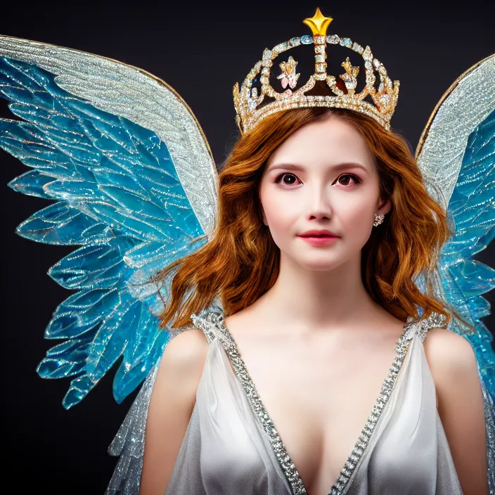Image similar to photo of a real - life bueatiful angel queen with crystal wings, highly detailed, 4 k, hdr, smooth, sharp focus, high resolution, award - winning photo