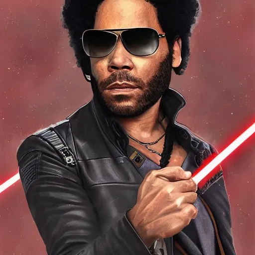 Prompt: detailed accurate portrait of lenny kravitz as han solo, star wars movie still, high resolution image, dc comics art style, deviantart trends, 8 k