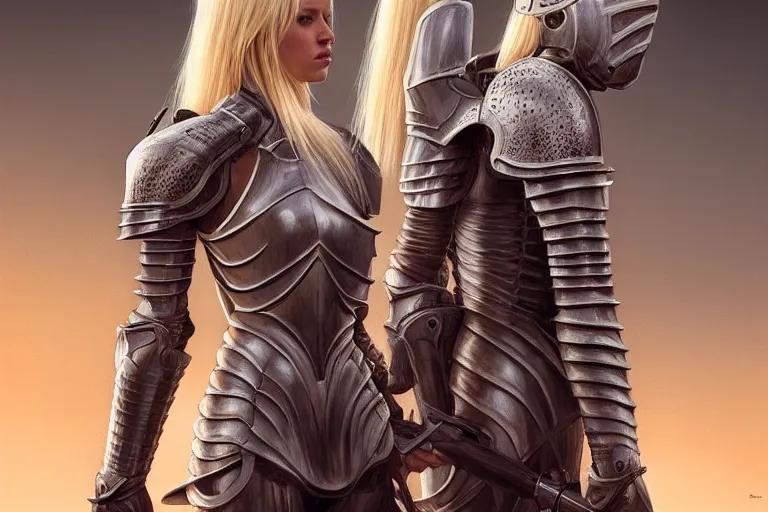 Image similar to female knight in the wild nature, dressed, blonde hair, symmetry, sci - fi, dark fantasy light, perfect composition, 4 k, ultra hd, sense of awe, highly detailed, realistic, intricate, created by wayne barlowe