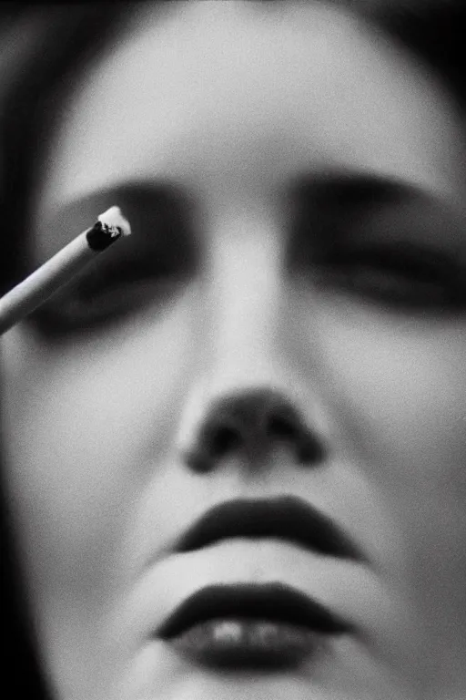 Prompt: extreme close-up black and white portrait, beautiful white woman smokes cigarette, Peter Lindbergh, 35mm, film photo, small aperture