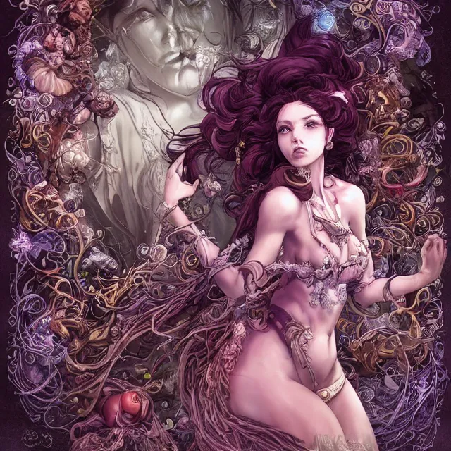Image similar to the portrait of chaotic good female druid alchemist as absurdly beautiful, gorgeous, elegant, young gravure idol, an ultrafine hyperdetailed illustration by kim jung gi, irakli nadar, intricate linework, sharp focus, bright colors, octopath traveler, final fantasy, unreal engine 5 highly rendered, global illumination, radiant light, detailed and intricate environment