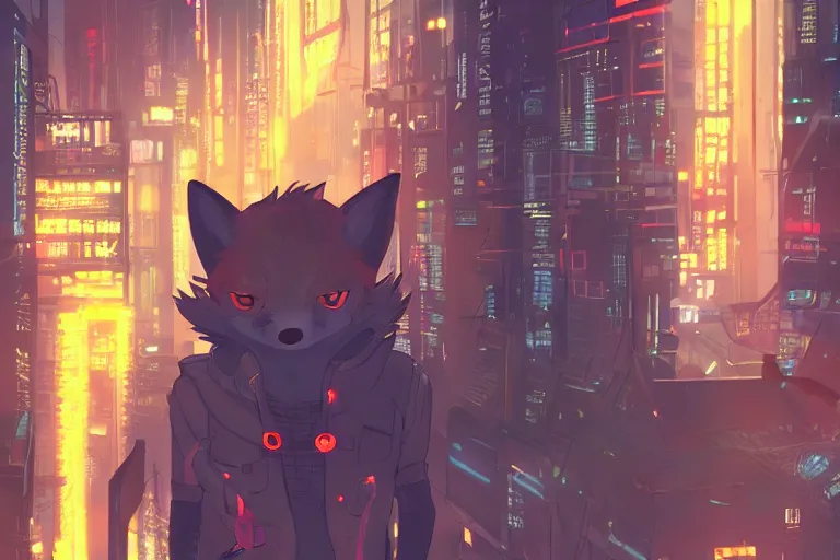 Image similar to an anthropomorphic fox in a cyberpunk city, trending on pixiv, by kawacy, neon backlighting, furry art