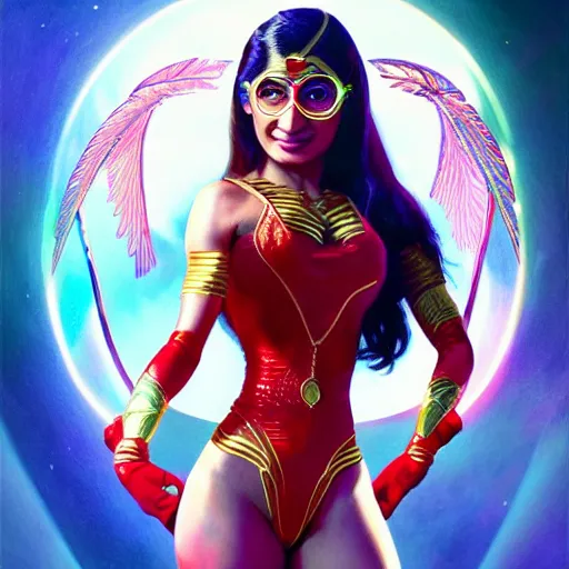 Prompt: mia khalifa as darna, wax figure, glowing eyes, volumetric lights, red and cyan theme, art nouveau botanicals, intricate, highly detailed, digital painting, artstation, concept art, smooth, sharp focus, cinematic, illustration, beautiful face, art by artgerm and greg rutkowski and alphonse mucha