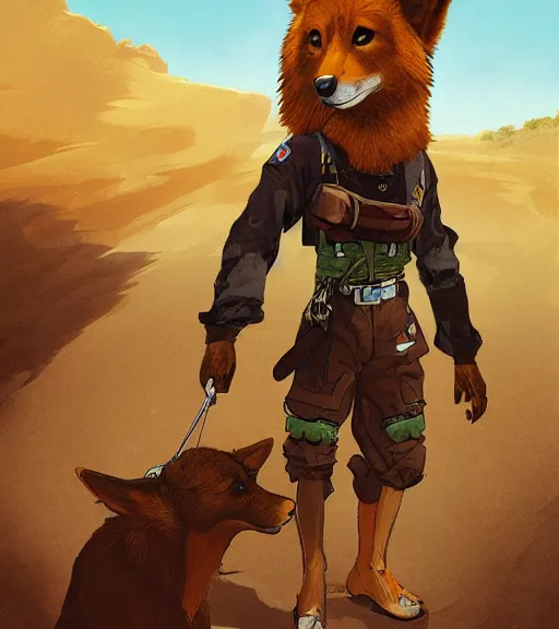 Image similar to stylized 3 / 4 portrait concept art of the anthro anthropomorphic dingo dog head animal person fursona wearing clothes adventurer standing in australia outback, hidari, color page, tankoban, 4 k, tone mapping, akihiko yoshida, greg rutowski, yoji shinkawa