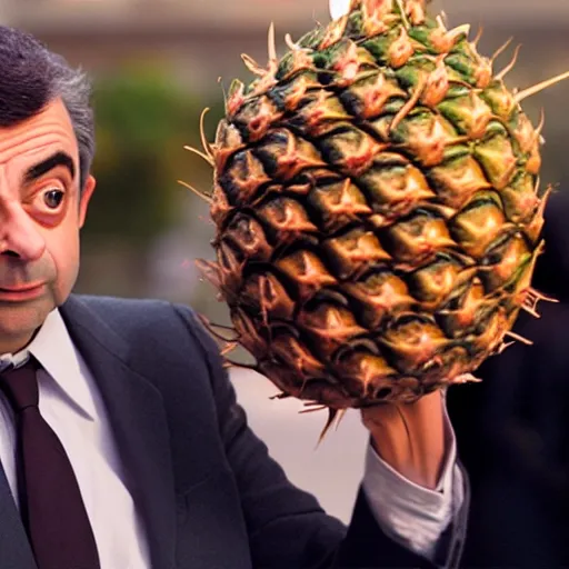 Image similar to rowan atkinson as mr. beans stealing a pineapple from target with a focused face, realistic photo, uhd