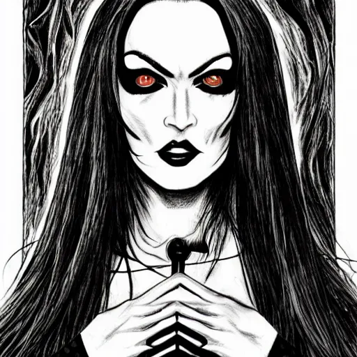 Prompt: a scary drawing of megan fox as morticia addams as death of the endless by junji ito, horror, madness