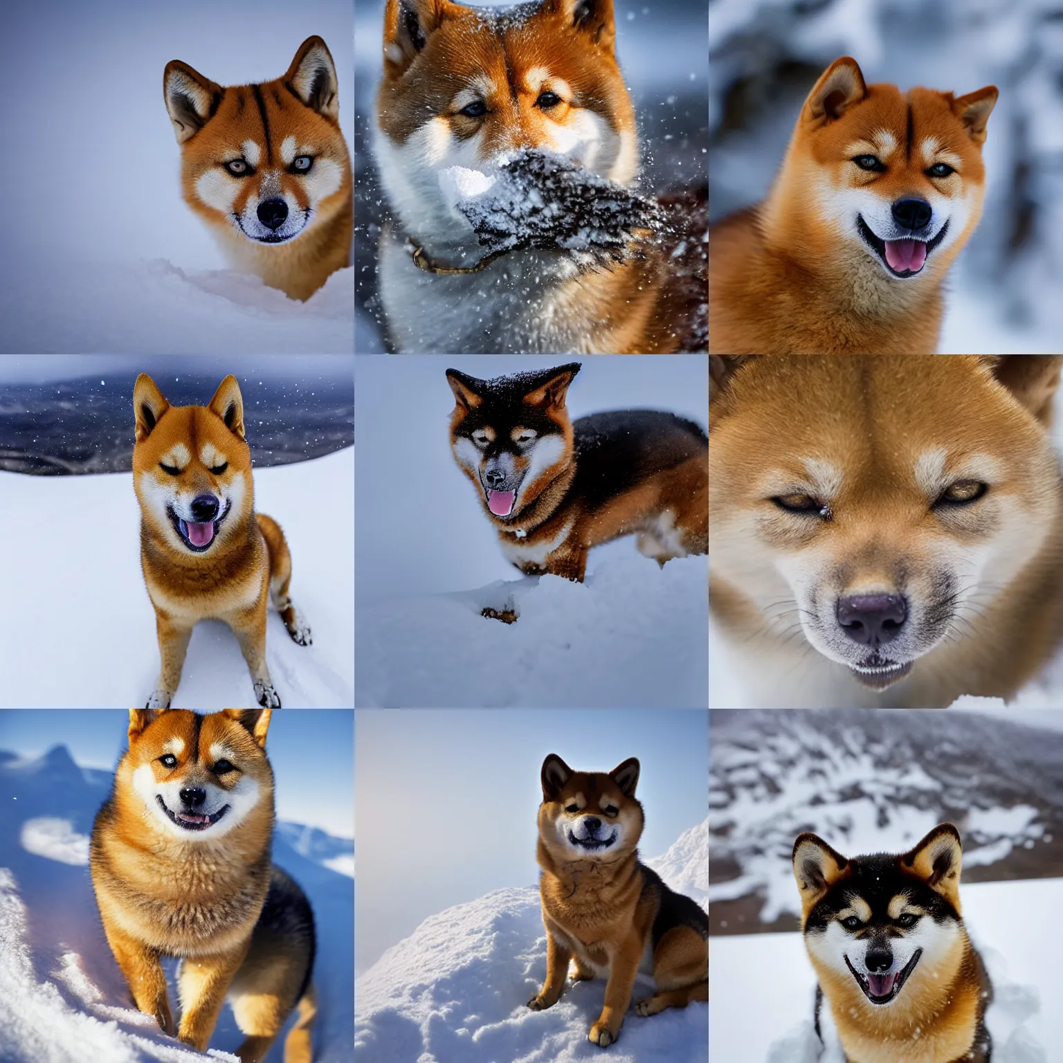 Prompt: award winning wildlife photography, Happy young shiba inu hybrid cat on a snowy mountain, close up of face, zoom in on face, surrounded by snow, wildlife photography by Paul Nicklen, national geographic, perfect lighting