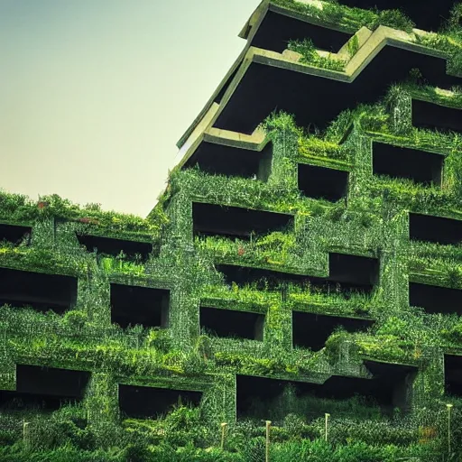 Prompt: “building made of plants designed by MC Escher and Zdzislaw Beksiński, photography, architecture, brutalism, 8k resolution, highly detailed, HDR, golden hour”