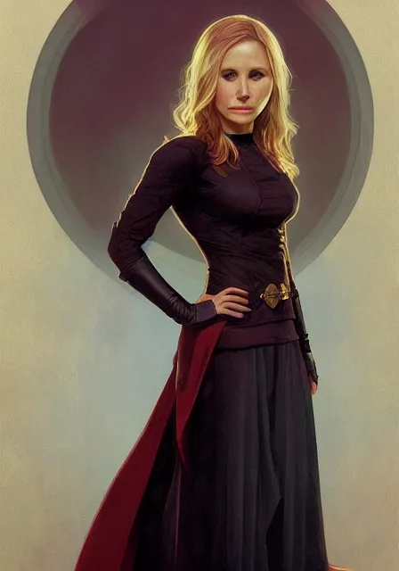 Image similar to kristen bell buffy the vampire slayer, intricate, elegant, highly detailed, digital painting, artstation, concept art, smooth, sharp focus, illustration, art by artgerm and greg rutkowski and alphonse mucha and william - adolphe bouguereau