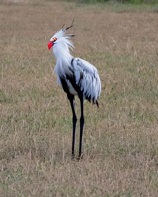 Prompt: zoomed out picture of secretary bird in savannah, captured on iphone, dlsr, photography