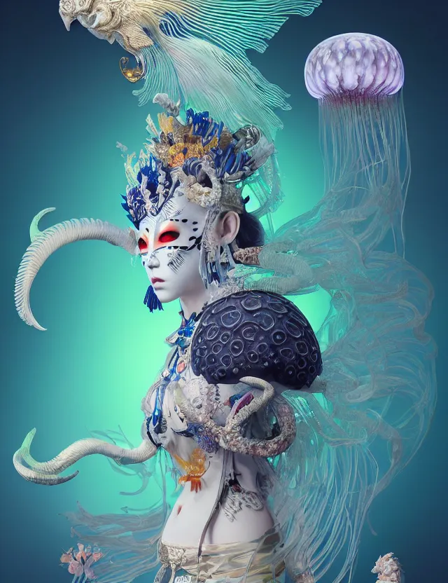 Image similar to 3 d goddess bottom - up with ram skull. beautiful intricately detailed japanese crow kitsune mask and clasical japanese kimono. betta fish, jellyfish phoenix, bio luminescent, plasma, ice, water, wind, creature, artwork by tooth wu and wlop and beeple and greg rutkowski