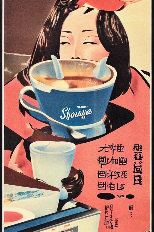 Image similar to coffee advertisment, still life, 1 9 7 0 s japan shouwa advertisement, print, nostalgic