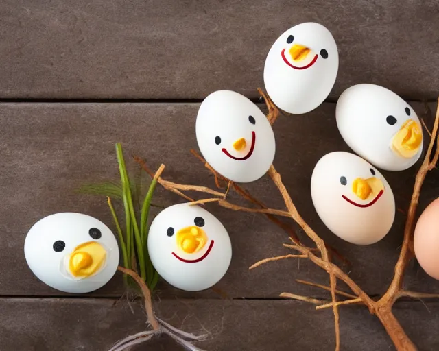 Image similar to eggs with happy faces on them. they have arms and legs made of twigs.