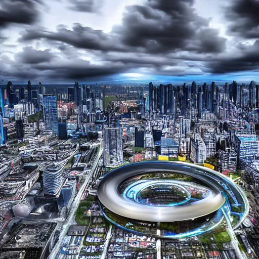 Image similar to wide shot of a near-future city with dark thick storm clouds in the sky. A giant ring-shaped spaceship is launching. The ring spaceship is encircling the city. HDR