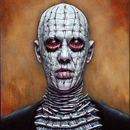 Prompt: a hyperrealistic portrait of pinhead from hellraiser by Santiago Caruso,