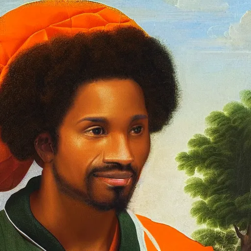 Prompt: photograph of a black man with afro hair wearing an army green adidas jacket and detailed face, riding an orange colored detailed anotamically correct bull!!, renaissance style painting