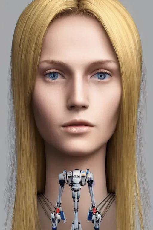 Image similar to robot with human face, female head, full body angle, woman human face, human face realistic, beautiful blonde hair, human head, human head with blonde hair, blonde hair human head, blonde hair, human realistic face, human head skin, cyborg frame concept, cyborg by ales-kotnik, sci-fi android female, the body is made of wires, robotic body, cyborg body, cyborg bust body, robot body cyborg, full body
