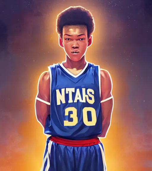 Prompt: portrait of a boy at a basketball court playing basketball wearing a basketball jersey in a basketball court standing near the basketball hoop, intense emotion, detailed facial expression, detailed surroundings, intricate, elegant, highly detailed, centered, digital painting, artstation, concept art, smooth, sharp focus, illustration, by (Peter Mohrbacher), WLOP