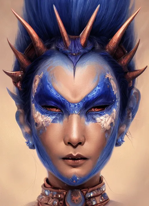 Prompt: a beautiful detailed oil on copper art illustration of a japanese blue devil mask woman, centered, by charlie bowater, zeng fanzh, trending on artstation, dim dusk lighting, cinematic lighting, detailed lighting, volumetric lighting, realistic, f 8, 4 k hd wallpaper