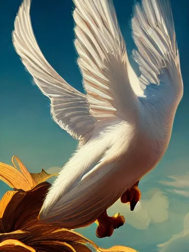 Prompt: a beautiful white dove flying from bellow. the sun in the background. golden hour, intricate, elegant, highly detailed, digital painting, artstation, concept art, sharp focus, illustration, by justin gerard and artgerm, 8 k