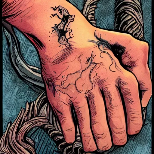 Prompt: precisely drawn illustration of tattoo of seven fingered hand on upper arm, wide angle, sharp, fine details, french comic style, vibrant realistic colors, full color, heroic fantasy, intense line art, 8 k, precise linework, realistic, in the style of heavy metal comics and richard corben and moebius