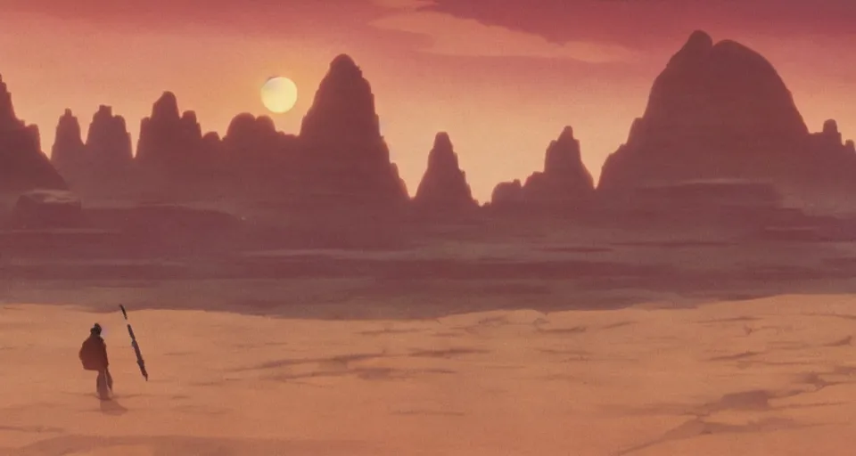 Prompt: beautiful wide shot tatooine landscape, obi wan kenobi, Luke skywalker, Star Wars a new hope 1977, studio ghibli, Miyazaki, Greg rutkowski, Jean girard, Moebius , animation, golden hour, highly detailed, 70mm