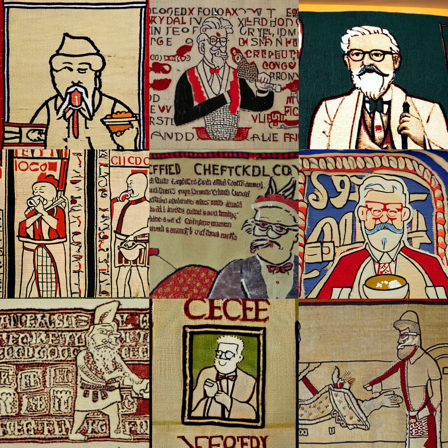 Prompt: bayeux tapestry of colonel sanders eating fried chicken