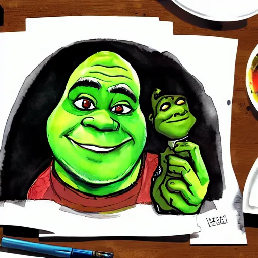 Prompt: shrek eating a big burrito, watercolor, in the style of yoji shinkawa