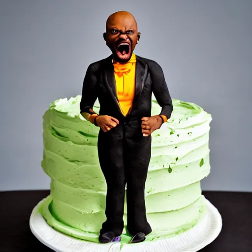 Image similar to a cake with sugar paste figuring a bald black man screaming, food photography, master of cakes, cake awards