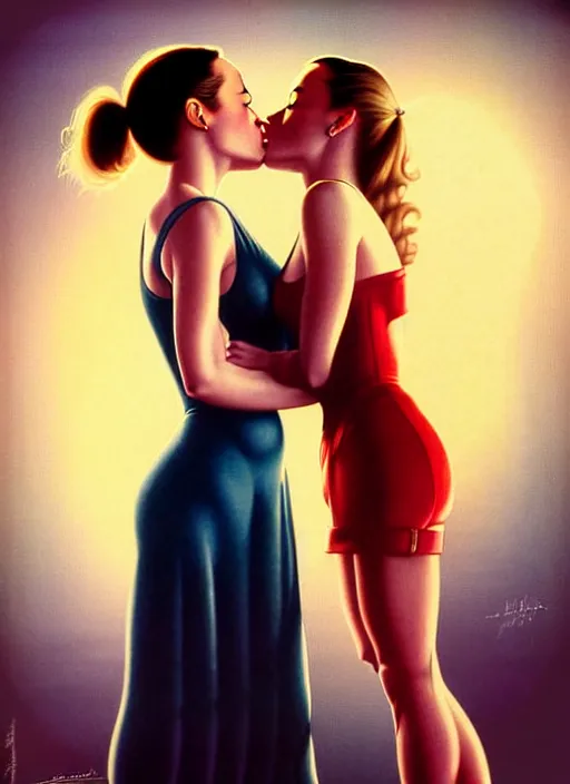 Prompt: brie larson and amber heard kissing, full body portrait, natural lights, photorealism, dramatic, cinematic, art by artgerm, rossdraws, norman rockwell, magali villeneuve, gil elvgren, alberto vargas, earl moran, enoch bolles