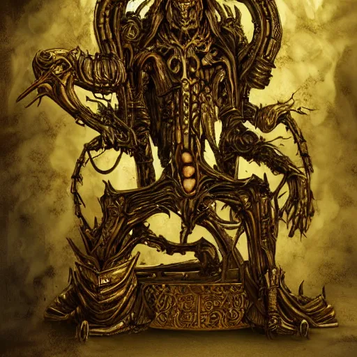 Image similar to illustration. the corpse emperor on his golden throne. 4 0 k. body horror. in the style of giger.