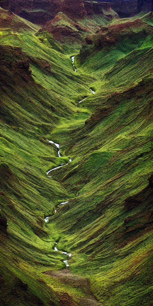 Image similar to dream looking through a hyper realistic photograph of a fertile lush canyon, minimal structure, misty, raining, icelandic valley, small stream, in the style of reuben wu, roger deakins