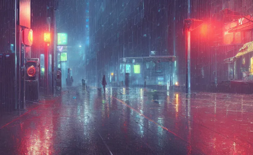 Image similar to A digital painting of a close-up view of a raining cyberpunk street, with four vending machines, some street lights and padestrians, by Ismail Inceoglu and Caspar David Friedrich, 4k, ue5, light effect, rtx on, realistic, cinematic, trending on artstation