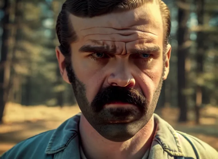 Image similar to film still of jim hopper as joyce byers in stranger things, 8 k