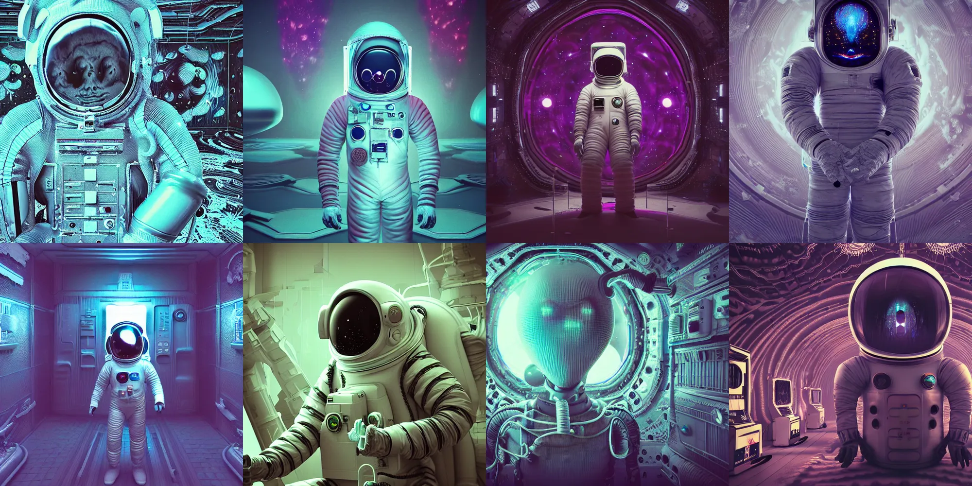 Image similar to creepy astronaut, cosmic horror, abstract, ghostly, arcade, duotone, poltergeist, lets get weird, intricate, elegant, highly detailed, smooth, sharp focus, unreal engine 5, raytracing, in the style of beeple and mike winkelmann, ultraviolet colors,