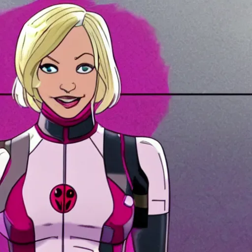 Image similar to A still of Gwenpool in Deadpool 3 (2023), blonde hair with pink highlights, no mask, white and light-pink outfit, smiling and winking at the camera, comics accurate design